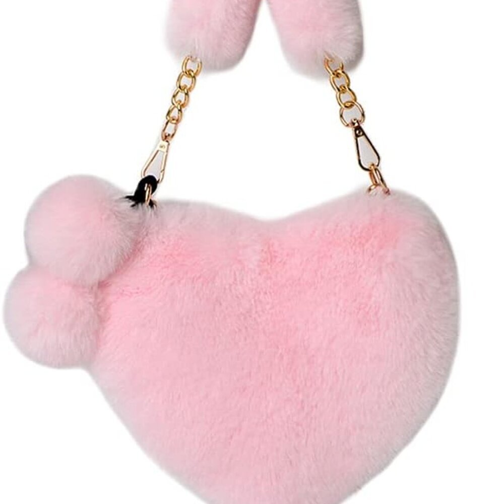 Furry Purse for Girls Heart Shaped Fluffy Faux Fur Handbag for Women Soft Small